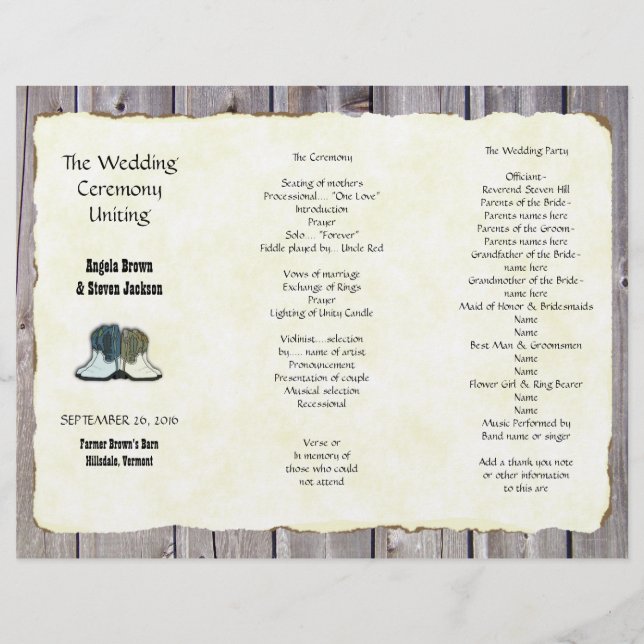 Country Boots Rustic Tri-fold Barn Wedding Program (Front)