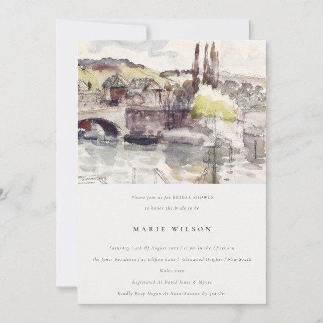 Country Bridge Riverside Watercolor Bridal Shower Invitation (Front)
