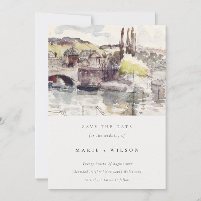 Country Bridge Riverside Watercolor Save The Date Invitation (Front)