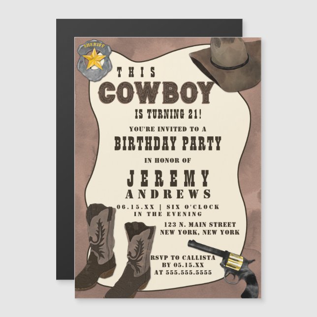 Country Brown Cowboy Watercolor Birthday Magnetic Invitation (Front/Back)