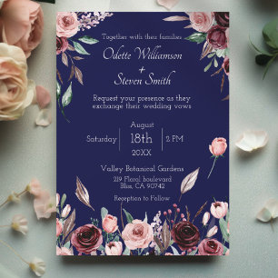 Country Burgundy Blush and Navy Romantic Wedding Invitation