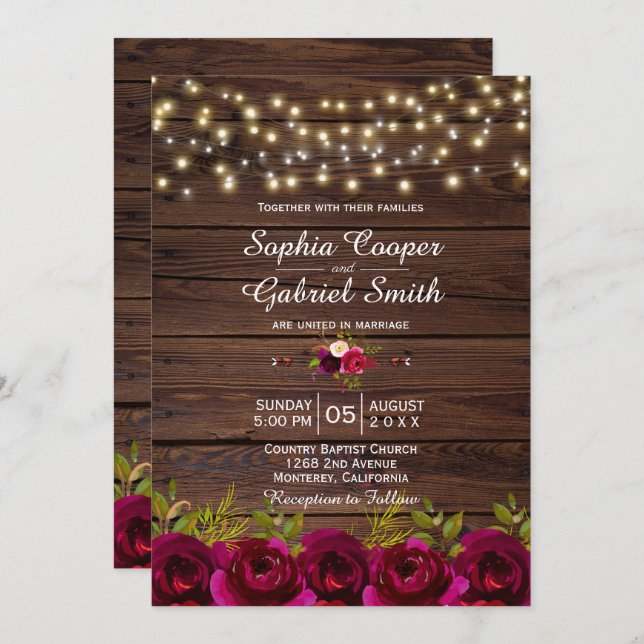 Country Burgundy Floral String Lights Wood Wedding Invitation (Front/Back)