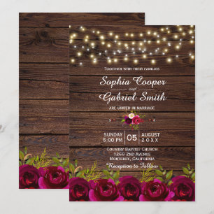 Country Burgundy Floral String Lights Wood Wedding Invitation
