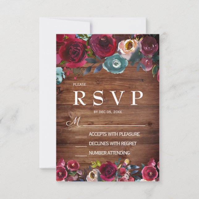 Country Burgundy Marsala Red Navy Floral RSVP Card (Front)