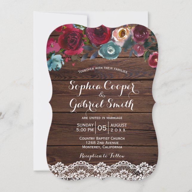 Country Burgundy Navy Floral Lace | Wood Wedding Invitation (Front)