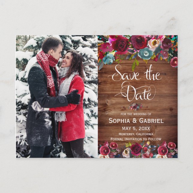 Country Burgundy Red Floral Save the Date Photo Announcement Postcard (Front)