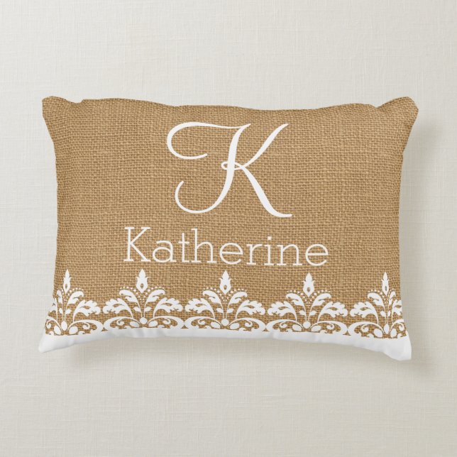 Country Burlap and white damask lace monogram Decorative Cushion (Back)
