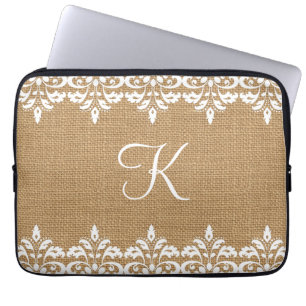 Country Burlap and white damask lace monogram Laptop Sleeve