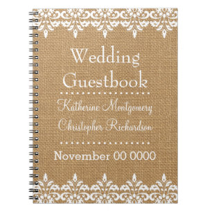 Country Burlap and white damask lace Wedding Notebook