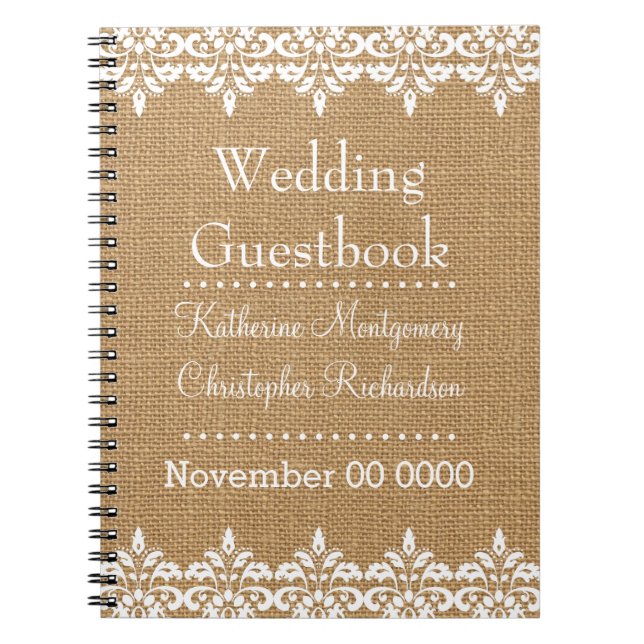Country Burlap and white damask lace Wedding Notebook (Front)