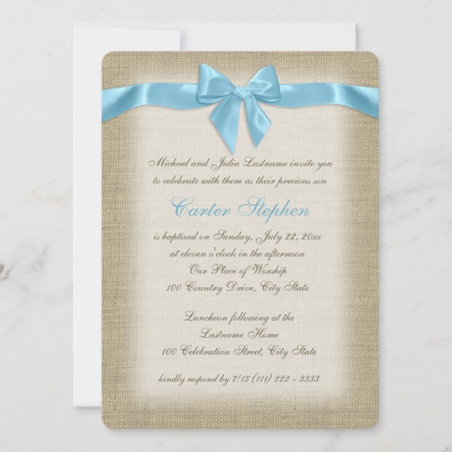 Country Burlap Baby Blue Christening Invitation (Front)