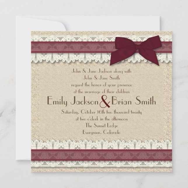 Country burlap burgundy ribbon wedding invitations (Front)