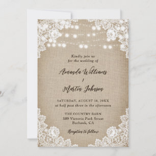 Country Burlap Floral Lace String Lights Wedding Invitation