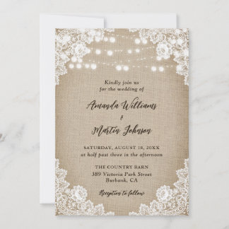 Country Burlap Floral Lace String Lights Wedding Invitation