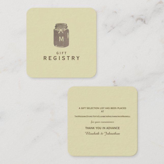 Country Burlap Mason Jar Wedding Gift Registry Enclosure Card (Front/Back)