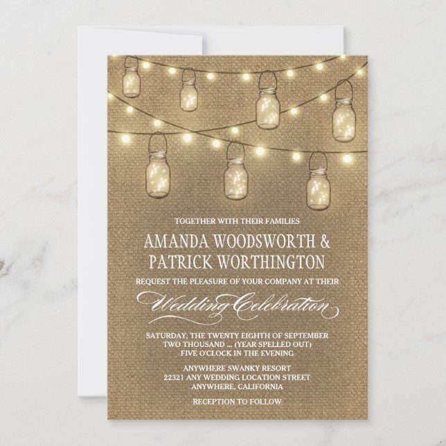 Country Burlap Mason Jar Wedding Invitations (Front)