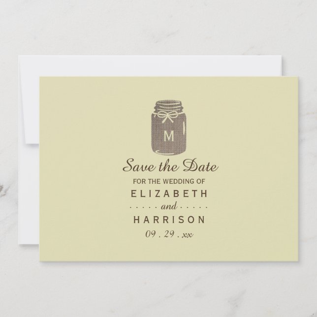 Country Burlap Mason Jar Wedding Save The Date (Front)