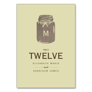 Country Burlap Mason Jar Wedding Table Number