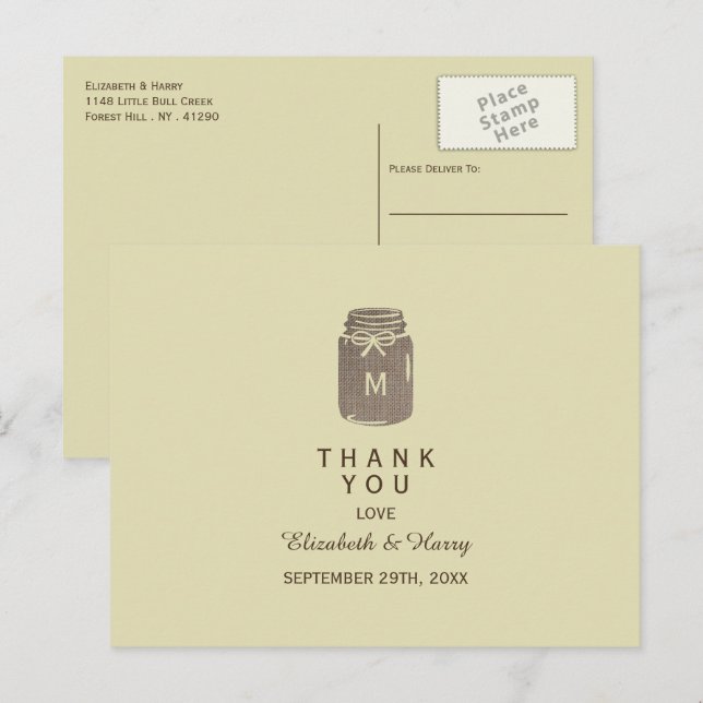 Country Burlap Mason Jar Wedding Thank You Postcard (Front/Back)