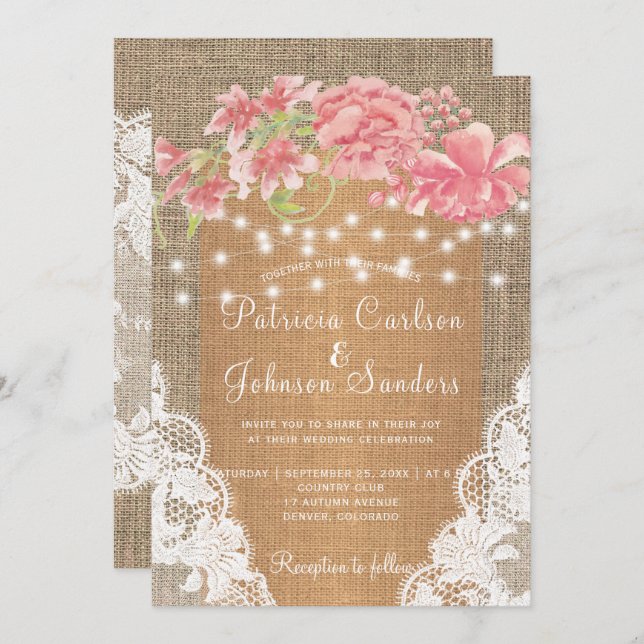 Country burlap pink peony lights and lace wedding invitation (Front/Back)