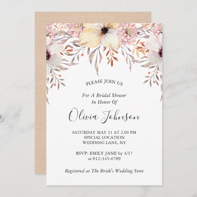Country Burlap Watercolor Floral Bridal Shower Invitation (Front/Back)