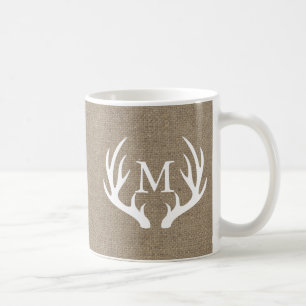 Country Burlap White Deer Antlers Personalised Coffee Mug