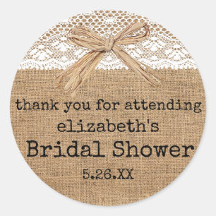 Country Burlap with Lace Bridal Shower Guest Classic Round Sticker
