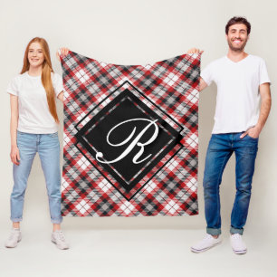 Country Cabin Red Black Plaid Tartan with Initial Fleece Blanket
