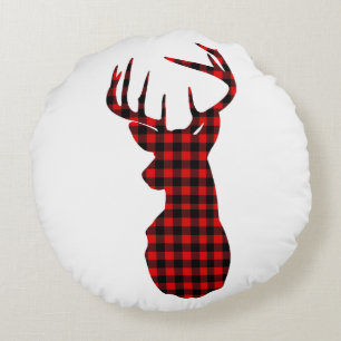 country cabin red buffalo plaid christmas deer round cushion