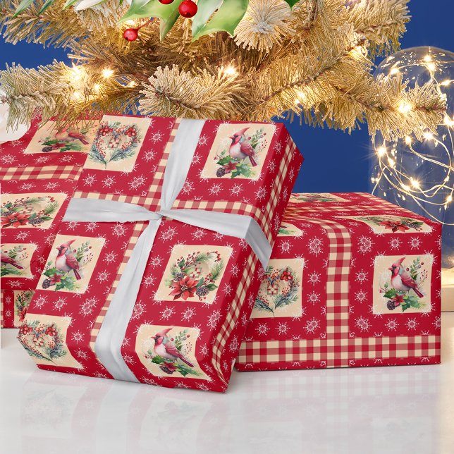 Country Cardinal and Floral Wreath Gingham Squares Wrapping Paper (Creator Uploaded)