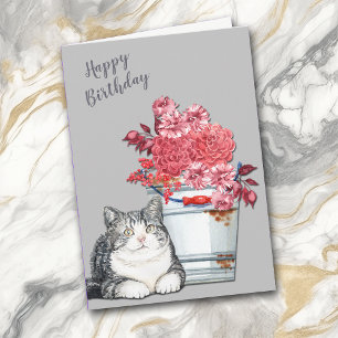 Country Cat and Pink Bouquet Birthday Holiday Card