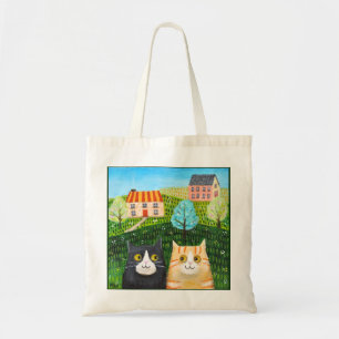 Country Cats Orange Tabby Tuxedo Naive Folk Art Tote Bag