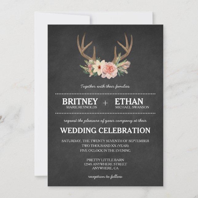 Country Chalkboard Deer Antler Wedding Invitations (Front)