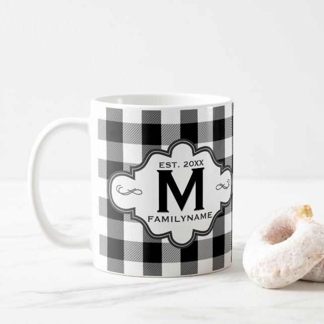 Country Chic B&W Buffalo Plaid Custom Family Logo Coffee Mug (With Donut)