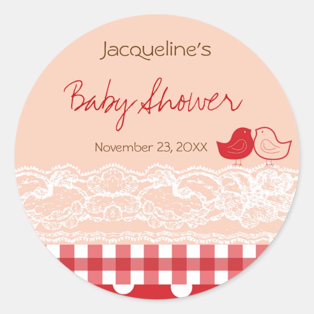 Country Chic Birds Lace Girl Baby Shower Sticker (Front)