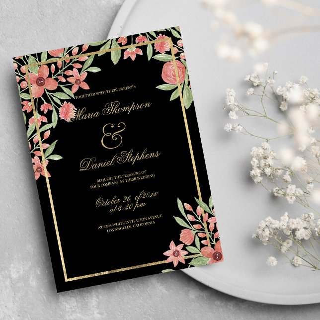Country Chic Black Gold Pink Green Floral Wedding  Invitation (Country Chic Black Gold Pink Green Floral Wedding )