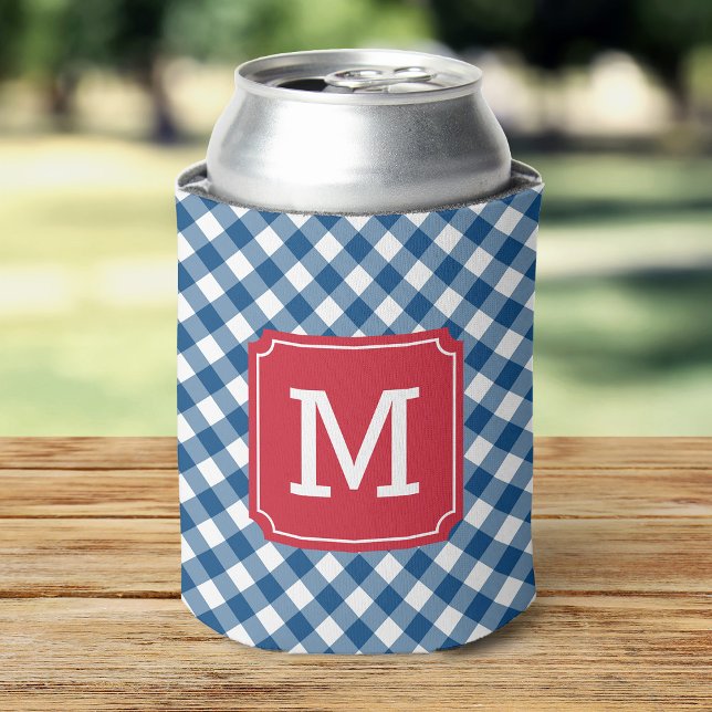 Country Chic Blue Gingham Personalise Monogram Can Cooler (Creator Uploaded)
