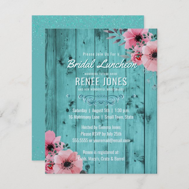 Country Chic Bridal Luncheon | Teal Wedding Shower Invitation (Front/Back)