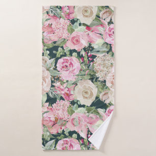 Country chic elegant gable green pink ivory floral bath towel