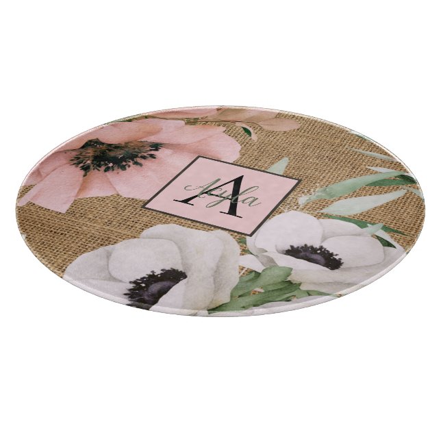 Country Chic Floral Burlap Monogram  Cutting Board (Corner)