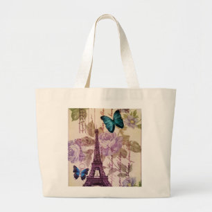 country Chic Floral butterfly Paris Eiffel Tower Large Tote Bag