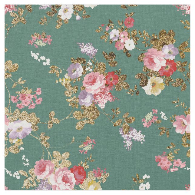 Country chic forest green pink gold elegant floral fabric (Close Up)
