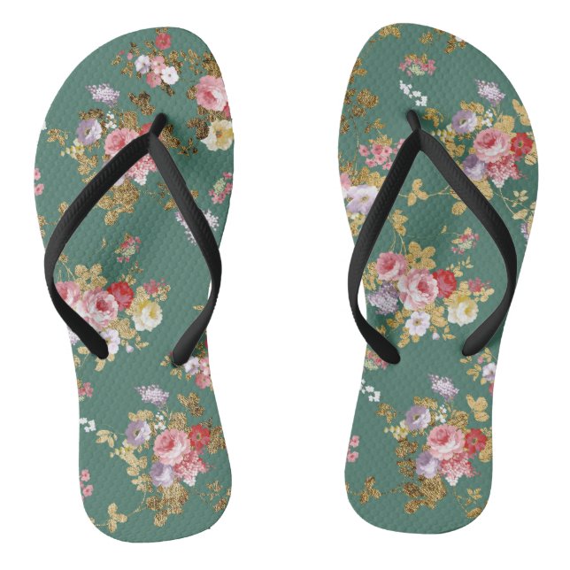 Country chic forest green pink gold elegant floral thongs (Footbed)