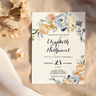 Country chic grey orange white floral wedding invitation