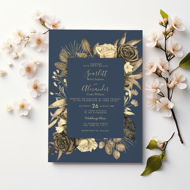 Country chic mauve blue gold floral Wedding Invitation (Country chic mauve blue gold floral Wedding )
