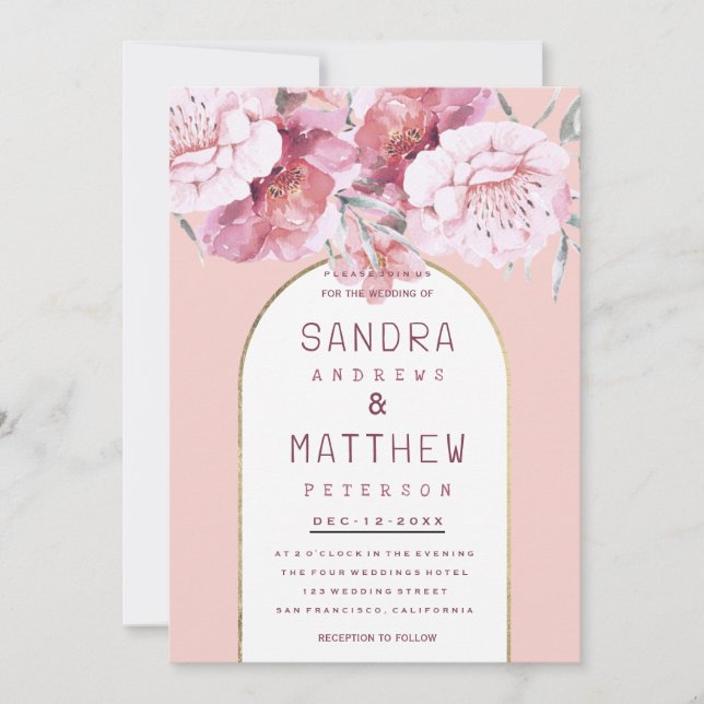 Country chic mint pastel pink gold floral wedding  invitation (Front)