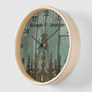 Country Chic Old Rustic Aqua Wood Chandelier Clock
