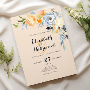 Country chic orange blue ivory floral wedding invitation