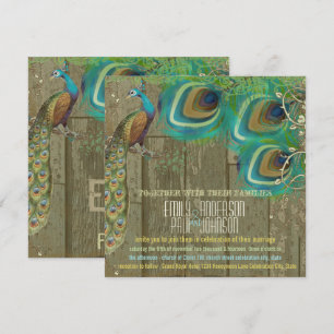 Country Chic Peacock Vintage 3 Feathers Old Wood Invitation