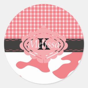 Country Chic Pink Cow & Plaid Monogram Classic Round Sticker